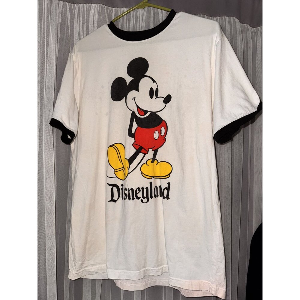 Vintage Style Disneyland Mickey Mouse White T-Shirt With Black Trim Ringer Colla